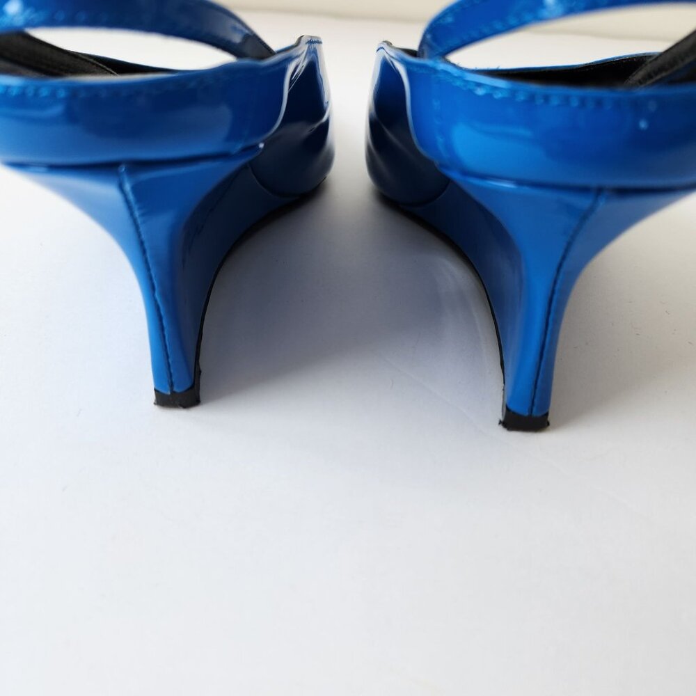 Zara Blue Patent Leather Pointed Toe Kitten Heel Wedge Slingback Shoes Size 38 - Picture 4 of 16